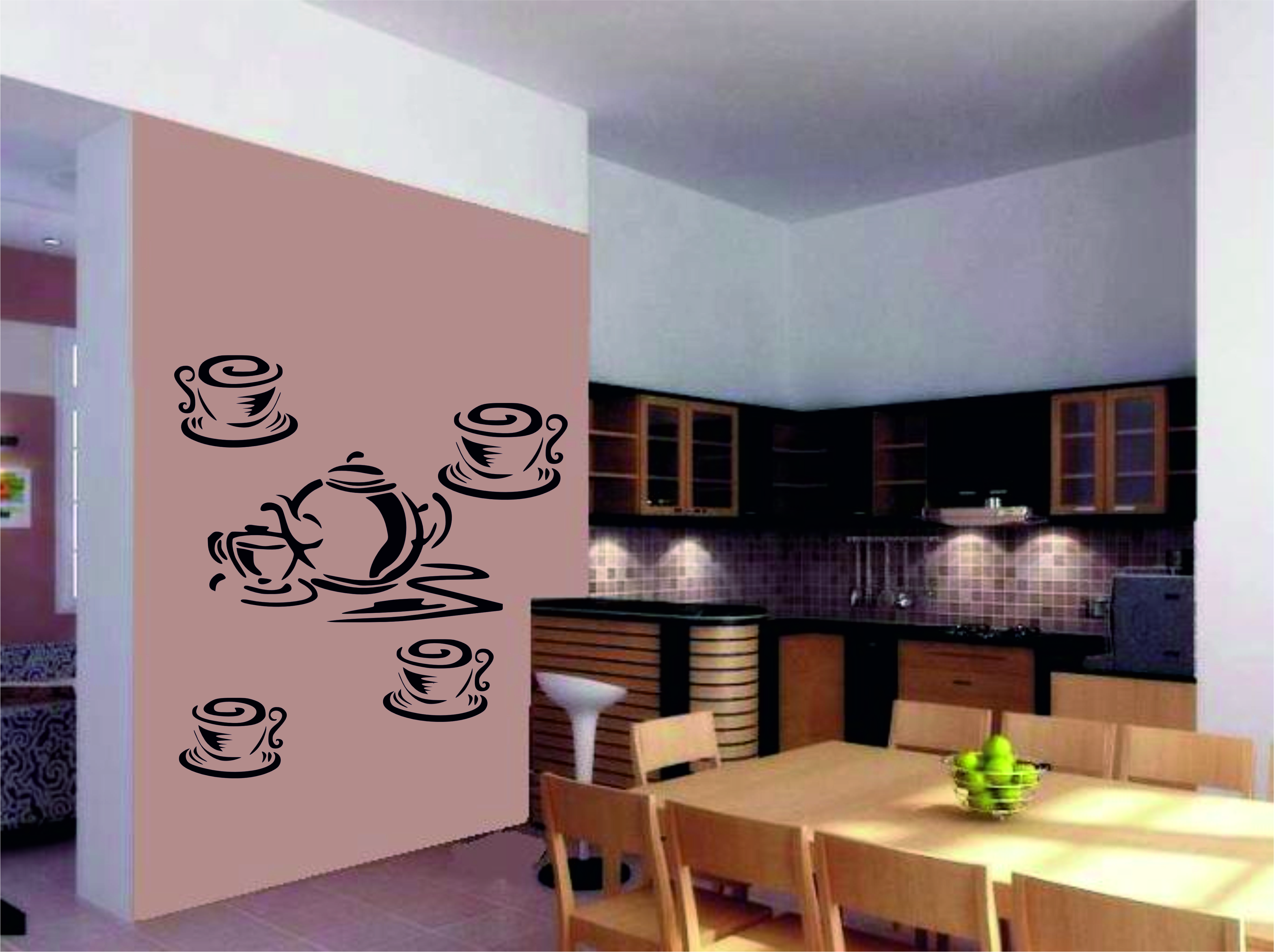 Merci-shop. Samolepky na zeď - Čajová konvice s hrníčky ( 60 x 21 cm )