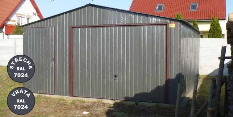 ZMK. Plechová garáž 5 x 5 m,sedlová střecha,výklopná vrata v barvě